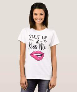 Magenta cartoon lips Shut up and kiss me Shirt