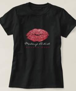 Makeup Artist Black Kiss Lips Red Rose Glitter Shirt