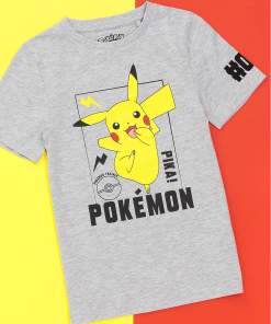 Pokemon Shirt Boys Kids Pikachu Character Game Grey Short Sleeve Top